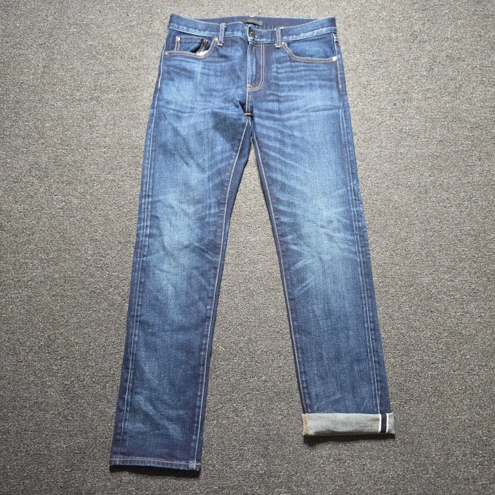 Uniqlo Slim Straight Jeans Indigo Mens 32x32 Japanese Selvedge Denim Faded Pants